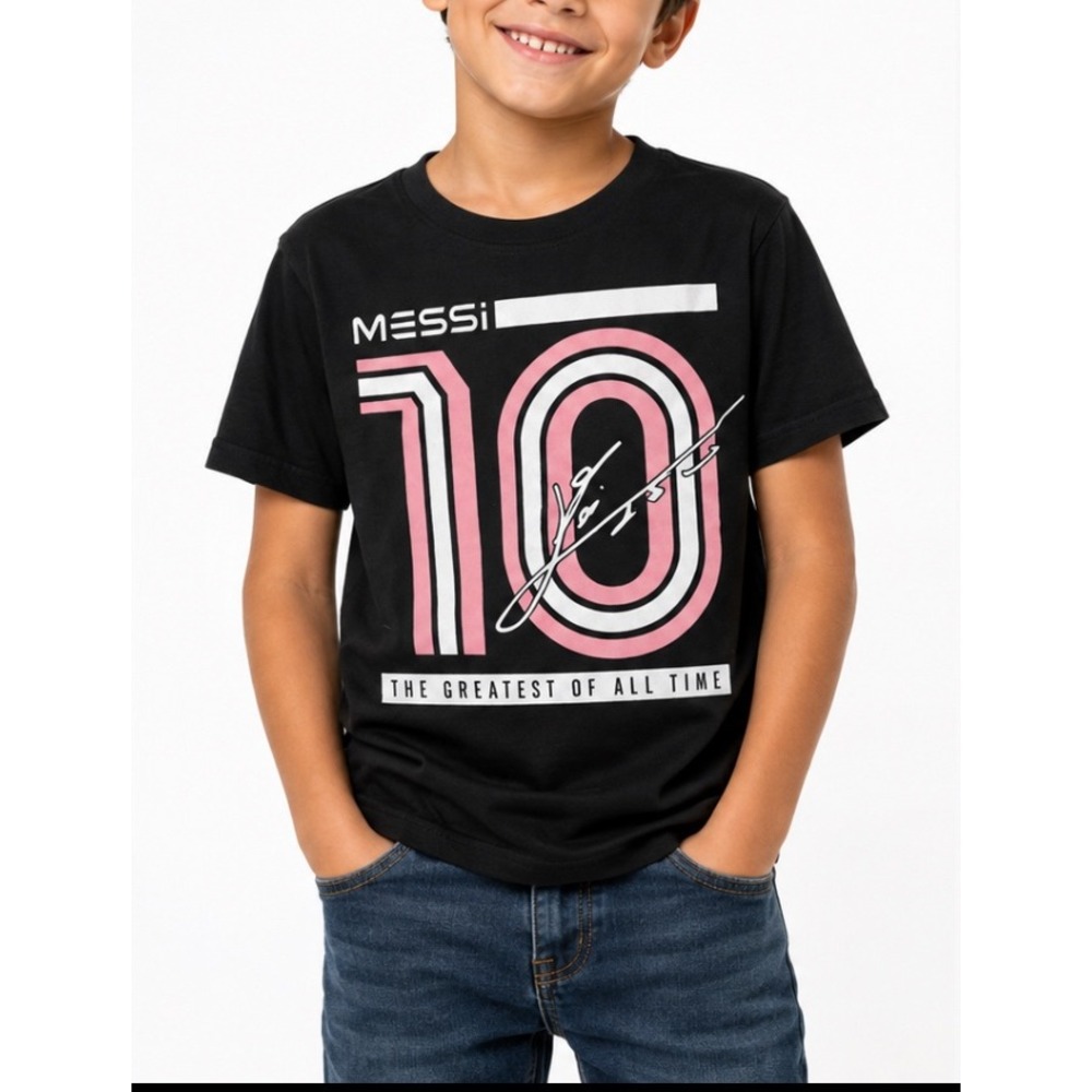 Messi Collection Kids Black Graphic T-Shirt GOAT 10 Soccer Tee Size 8